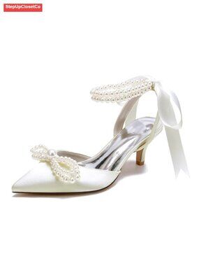 Women's Satin Low Heel Kitten Pumps Slingback Bow Wedding Shoes